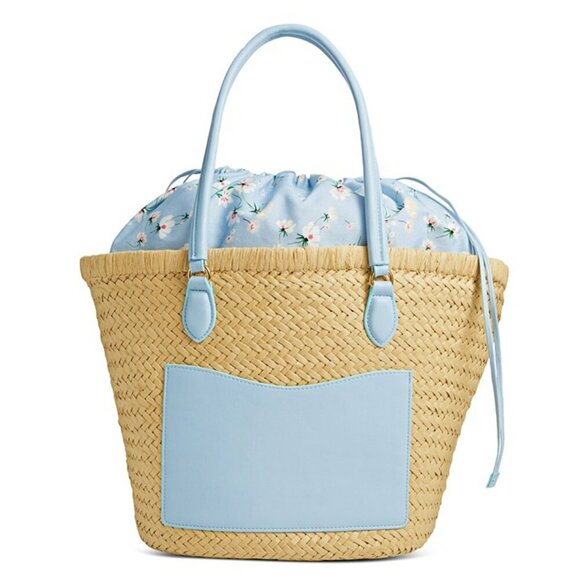 On 34th Isabellaa Women's Straw Medium Drawstring Tote Blue Floral (MSRP $130) - Picture 1 of 5